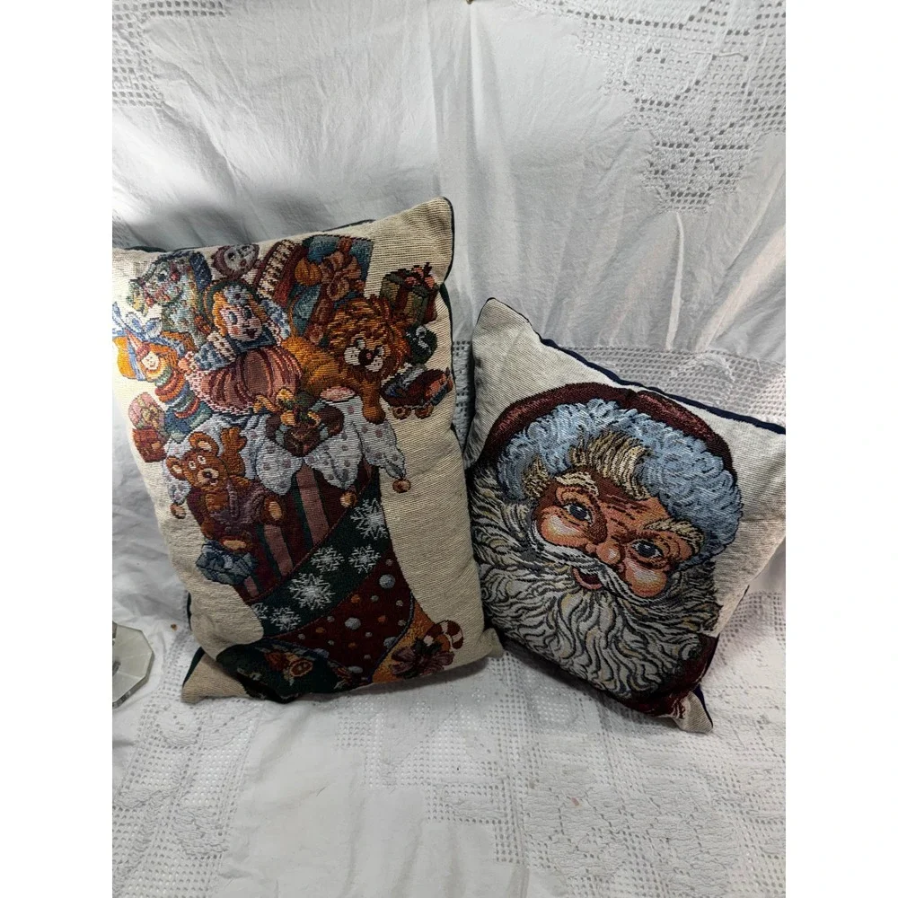 Vintage Christmas Tapestry Throw Pillows Set 2 Santa Claus Stocking Toys Holiday